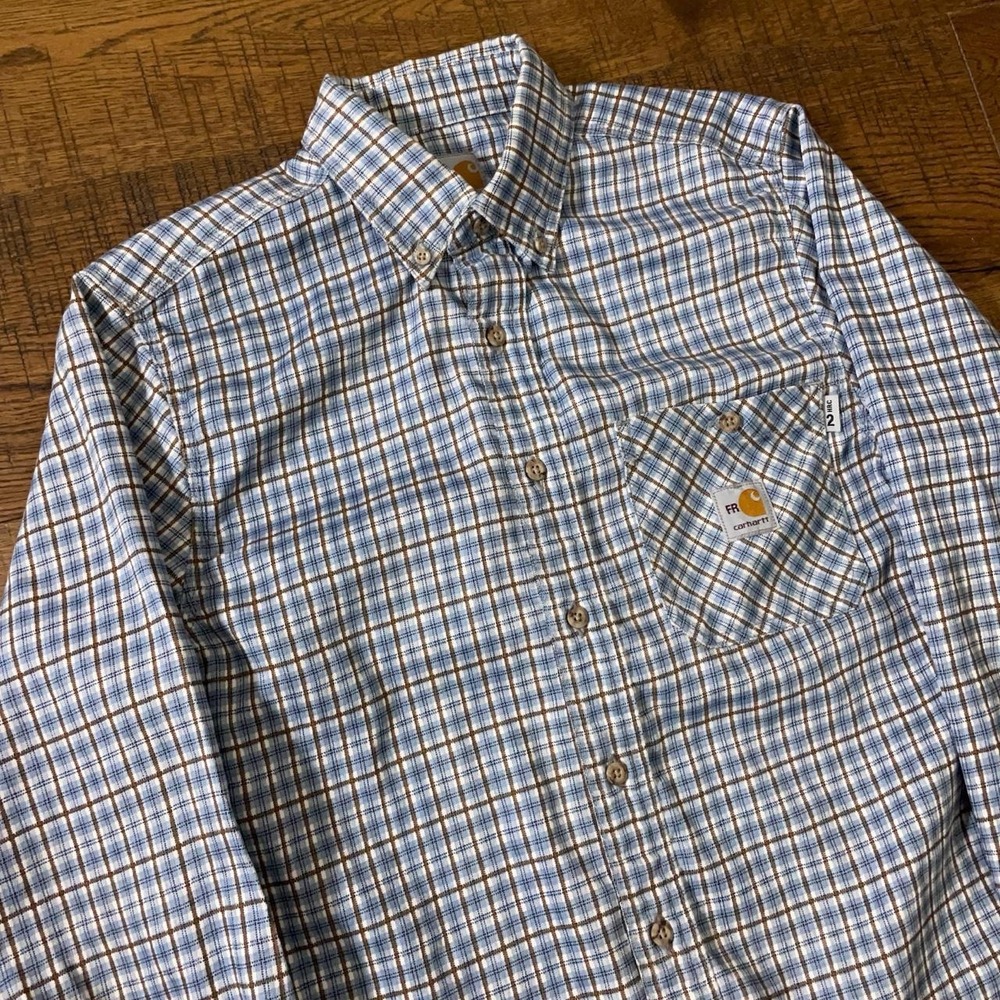 Carhartt FR Button Up Shirt Mens S Blue Plaid Rugged Workwear 100168 465